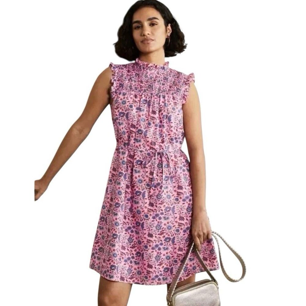 BODEN Size 6 R Floral Sleeveless Smocked Mini Dress ruffles Pink Spring summer